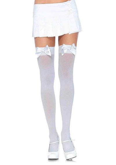 Opaque Thigh Highs With Satin Bow Accent -  One Size - White LA-6255WHT